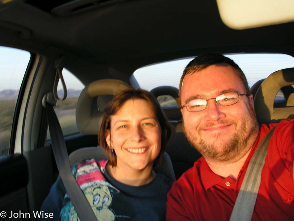 Caroline Wise and John Wise in the car on a road trip