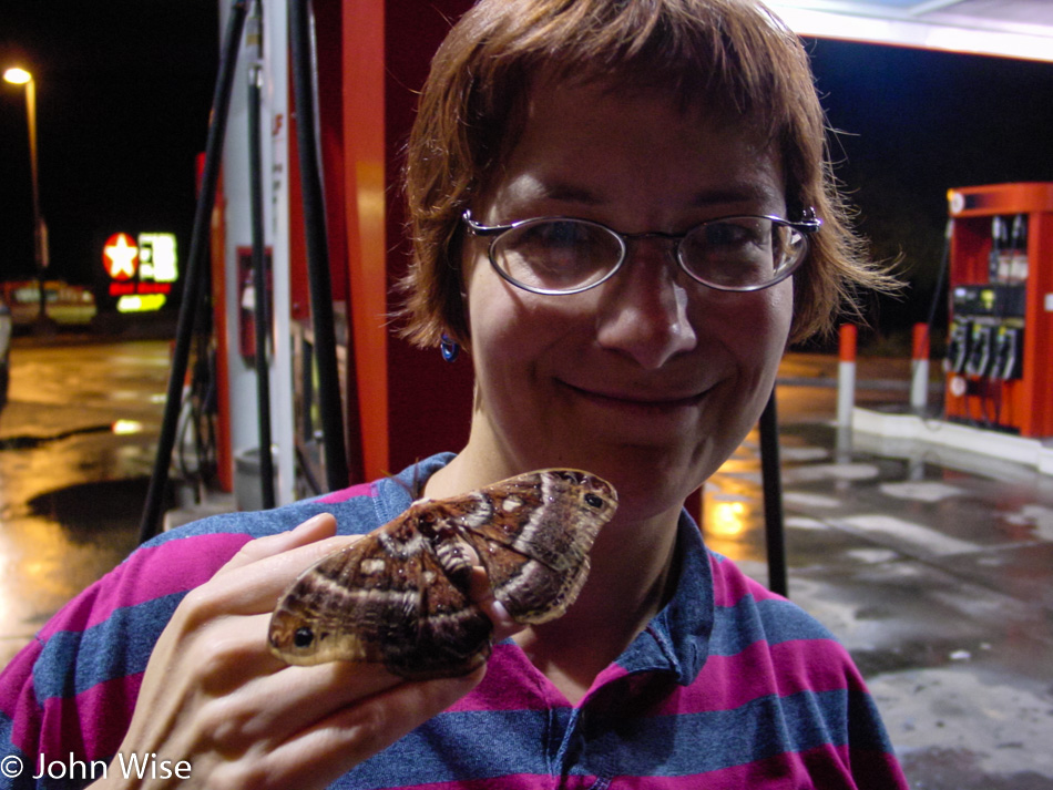 Caroline Wise and giant moth near Tucson Arizona