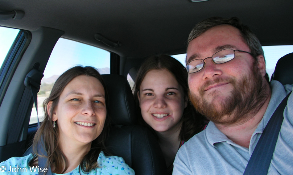 Caroline and John Wise with Jessica Wise on a road trip