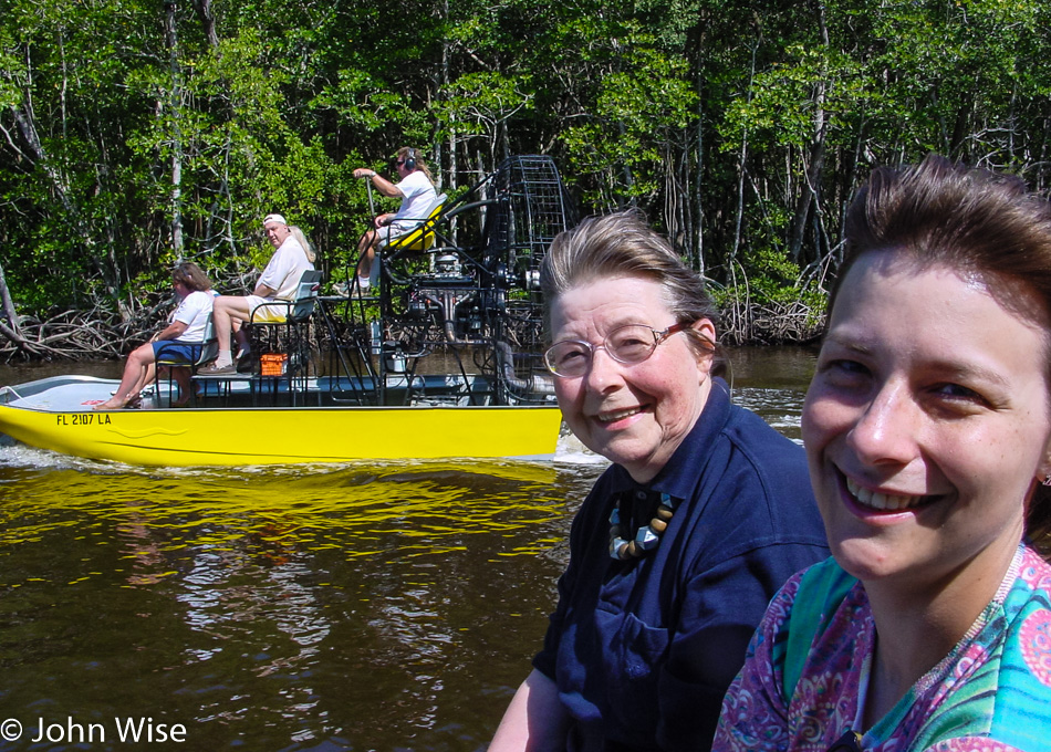 Jutta Engelhardt and Caroline Wise on a fanboat in the Everglades of Florida
