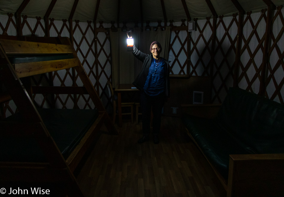 Caroline Wise in our Yurt at Carl G Washburne State Park in Oregon