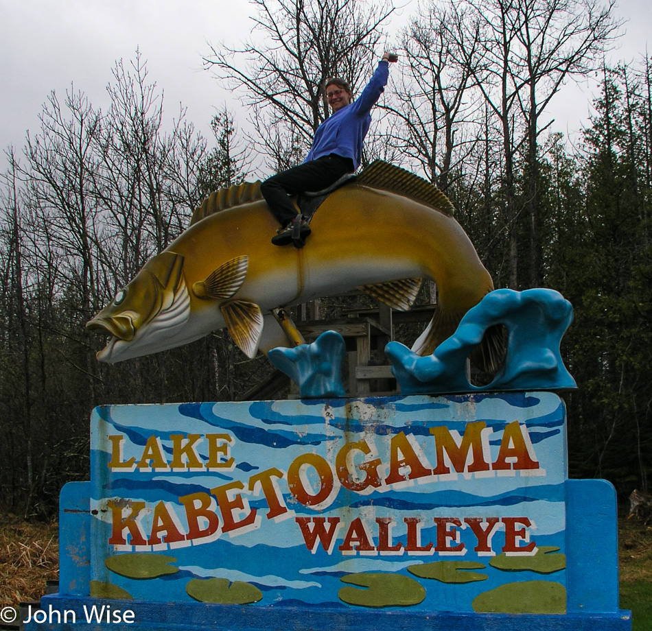 Caroline Wise riding a 10 foot fish in Kabetogama Lake Minnesota