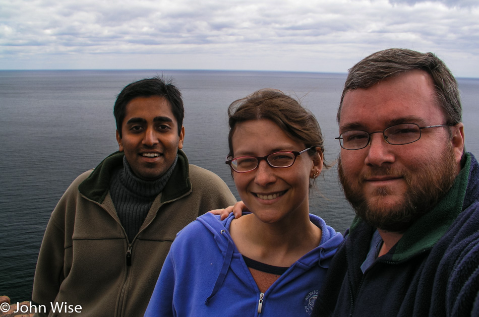Jay Patel with Caroline and John Wise at Split Rock Lighthouse on Lake Superior in Minnesota