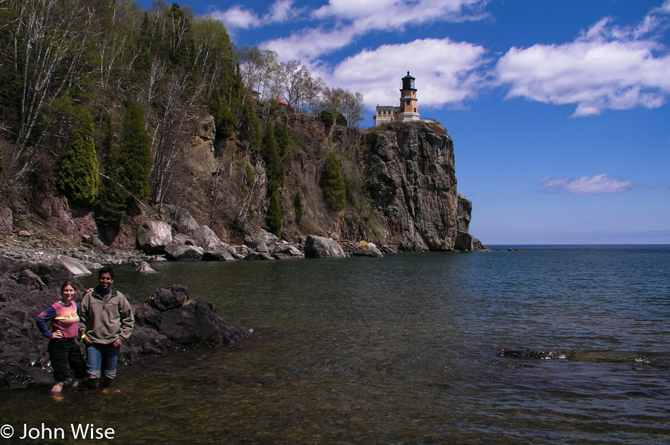 Caroline Wise and Jay Patel at Split Rock Lighthouse on Lake Superior in Minnesota