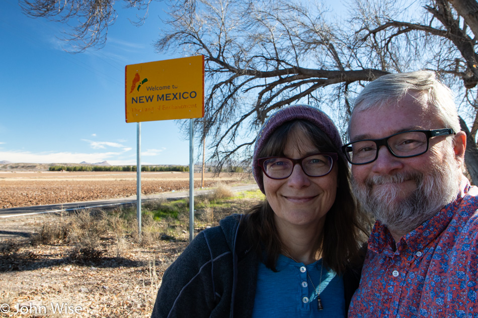 Caroline Wise and John Wise at the Arizona and New Mexico state line near Virden, New Mexico