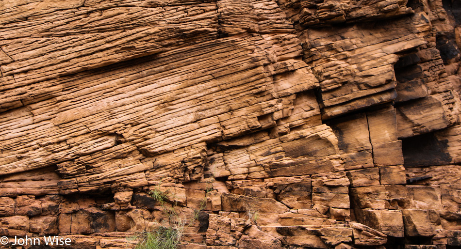 Ancient sandstone lining the Colorado River in the Grand Canyon