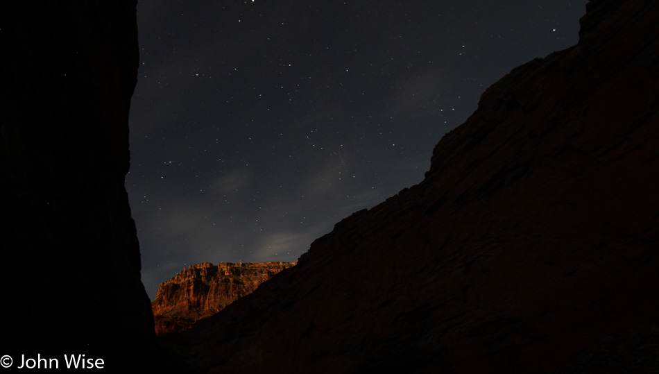 Night has descended over Little Redwall Camp on the Colorado River in the Grand Canyon