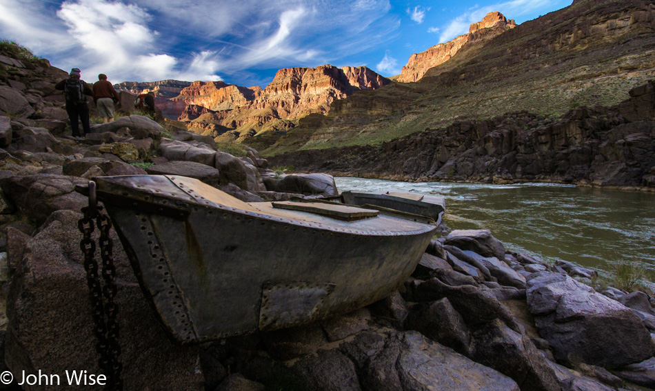 Ross Wheeler boat next to the Colorado River in the Grand Canyon