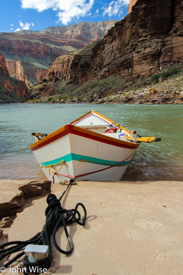 Dory sitting at the shore on the Colorado River in the Grand Canyon