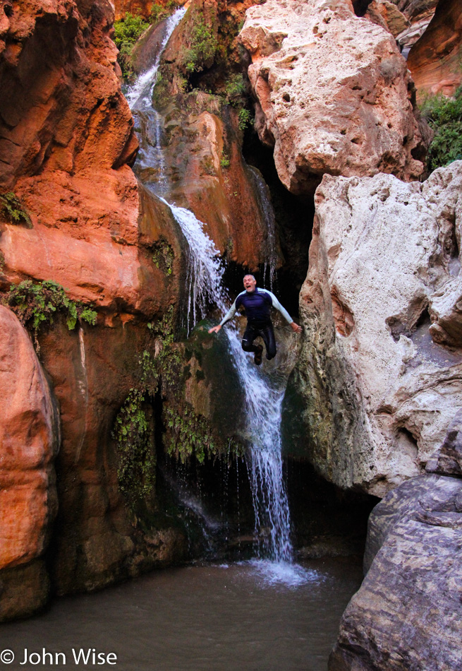 Steve "Sarge" Alt jumping into the water at Elves Chasm in the Grand Canyon