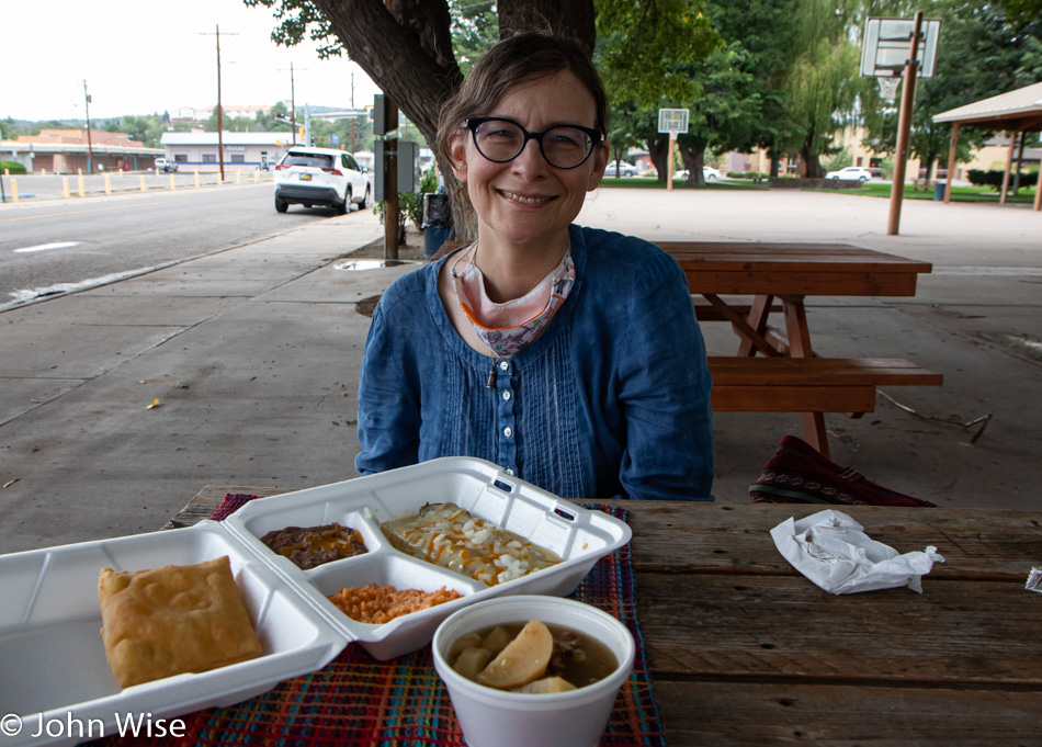 Caroline Wise dining el fresco in Silver City, New Mexico