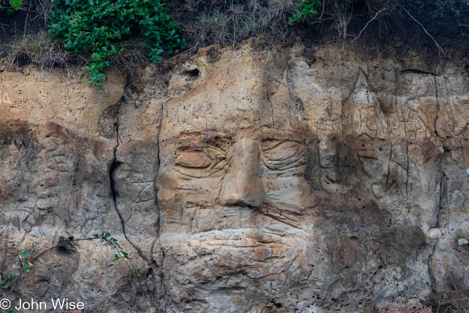 Face carved into sand near Chetco Point in Brookings, Oregon