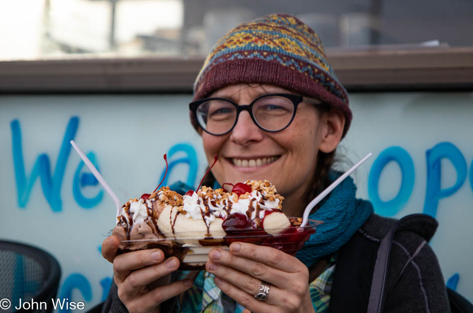 Caroline Wise about to share a banana split with John Wise at The Scoop ice cream shop in North Bend, Oregon