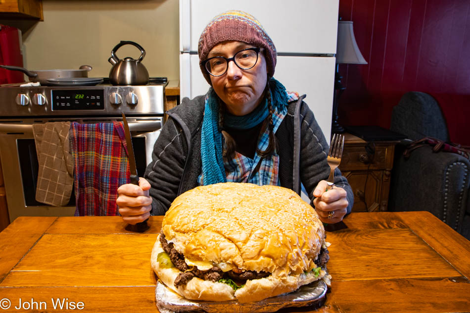 Caroline Wise about to enjoy an 8 pound burger from Newport Cafe in Oregon