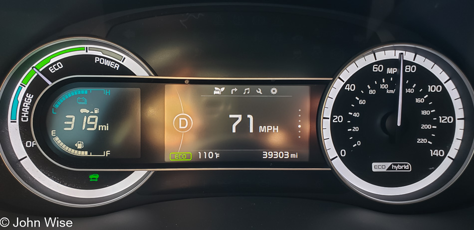 Kia Niro dashboard in the desert of California