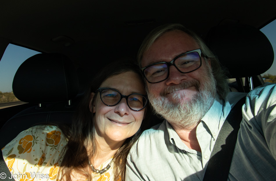 Caroline Wise and John Wise driving to Saguaro National Park in Tucson, Arizona