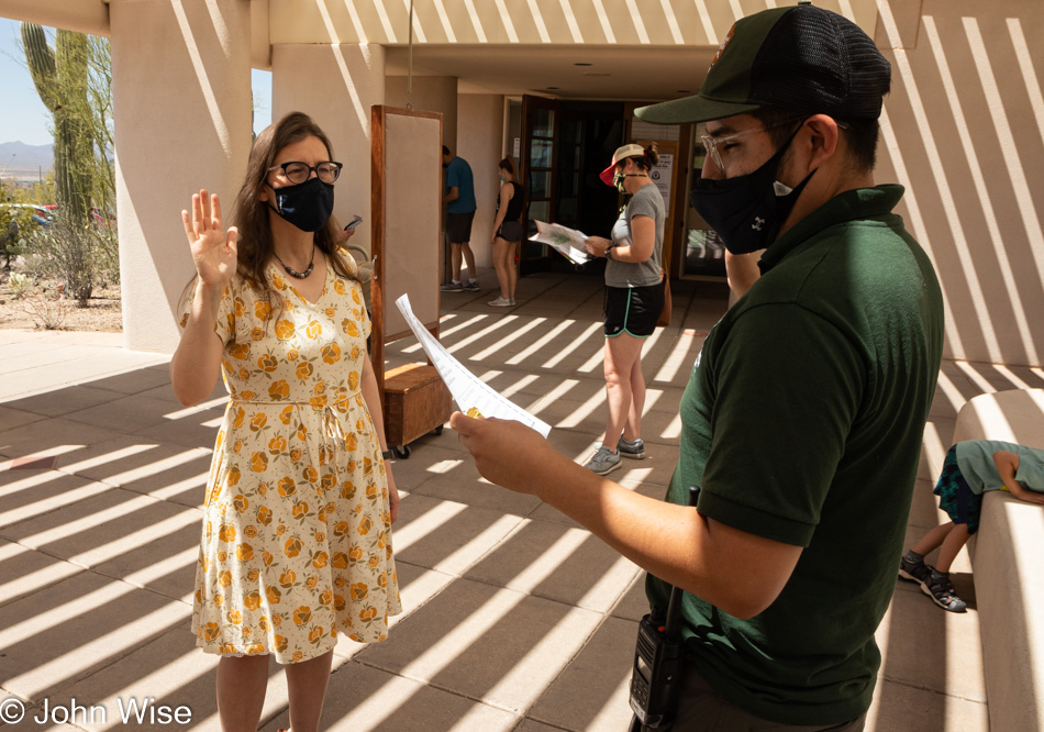 Caroline Wise becoming a Junior Ranger at Saguaro National Park in Tucson, Arizona