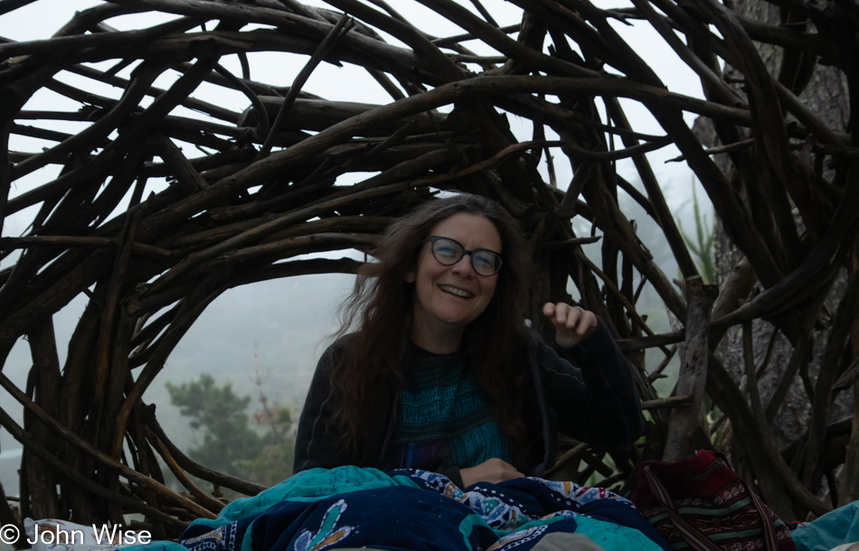 Caroline Wise in the Human Nest at Treebones Resort on the Big Sur Coast in California
