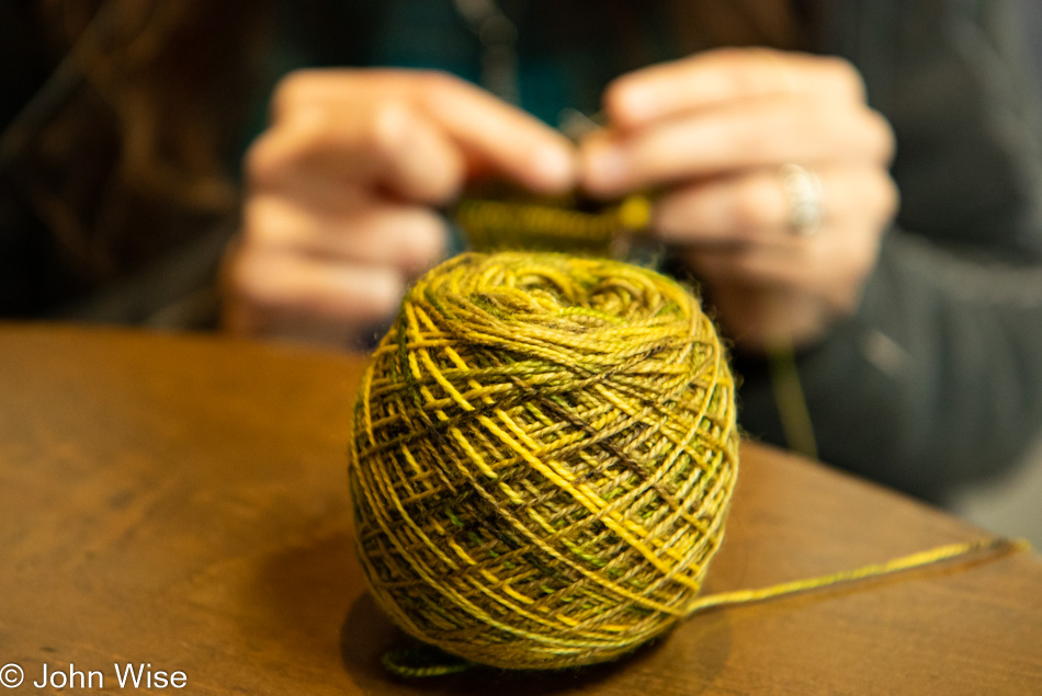 Caroline Wise knitting at Treebones Resort on the Big Sur Coast, California