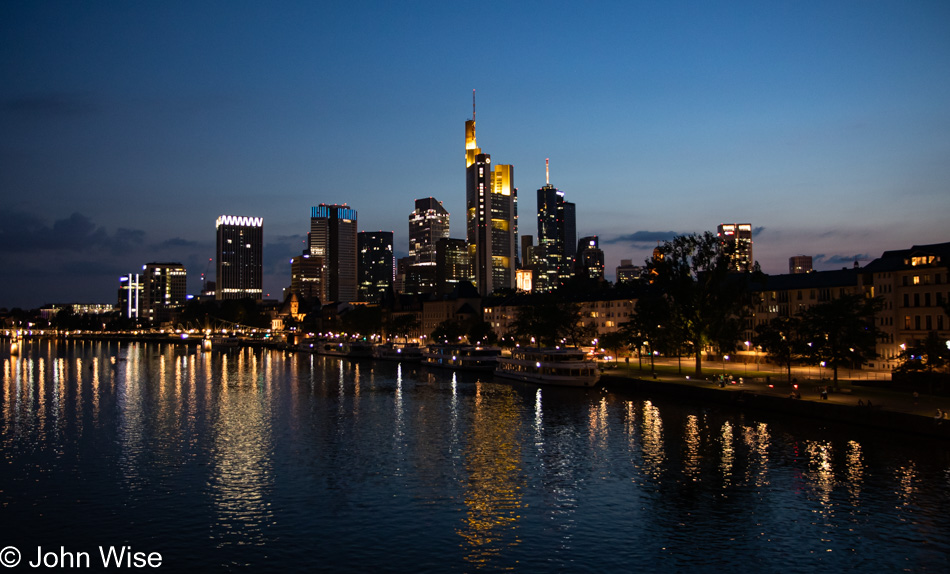 Sunset on the Main River with city skyline of Frankfurt, Germany