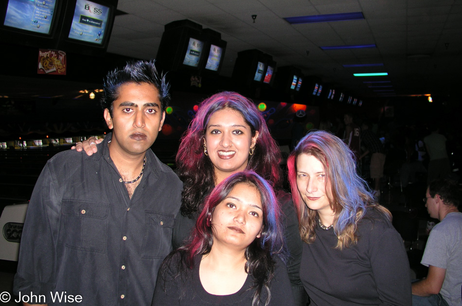 Jay Patel, Raenu, Rinku Shah, and Caroline Wise bowling in Phoenix, Arizona