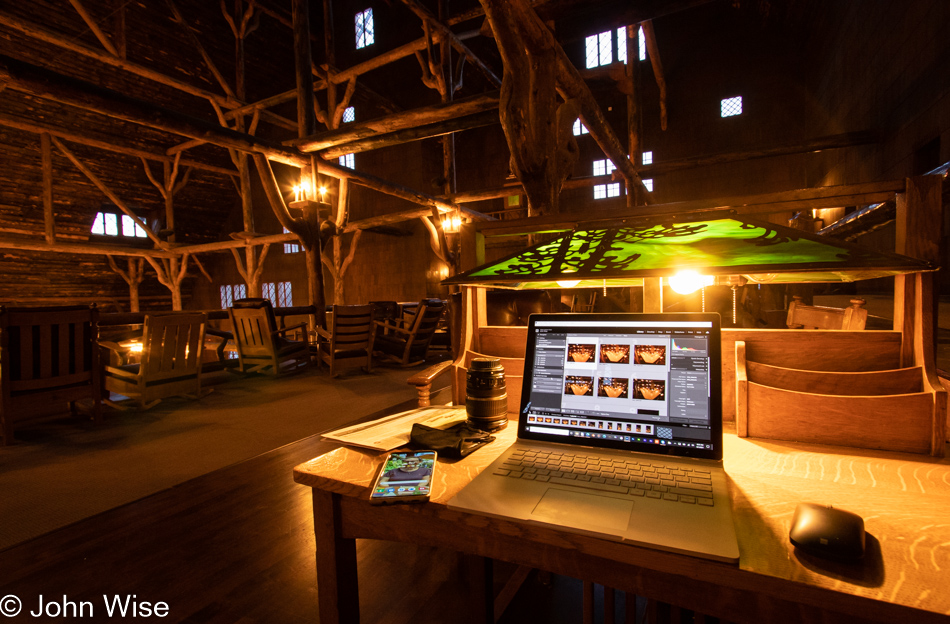 Writing setup in Old Faithful Inn Yellowstone National Park, Wyoming