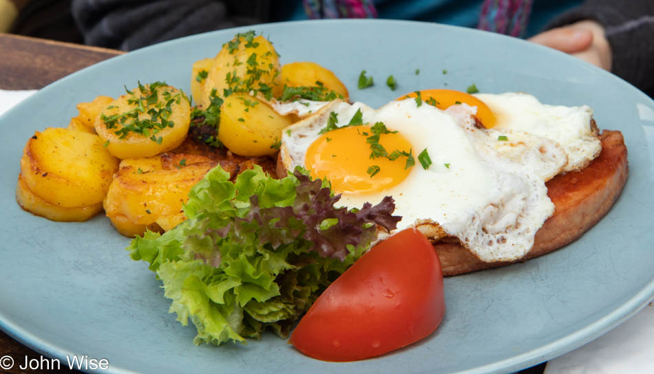 Leberkäse with egg and brafkartoffeln in Frankfurt, Germany