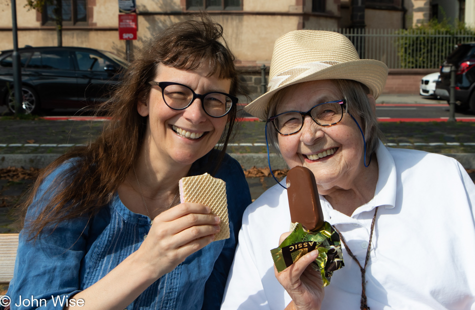Caroline Wise and Jutta Engelhardt having an ice cream on the Main River in Frankfurt, Germany