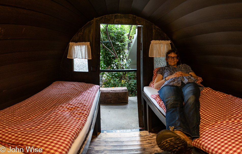 Caroline Wise in a wine barrel at Lindenwirt Hotel in Rüdesheim, Germany