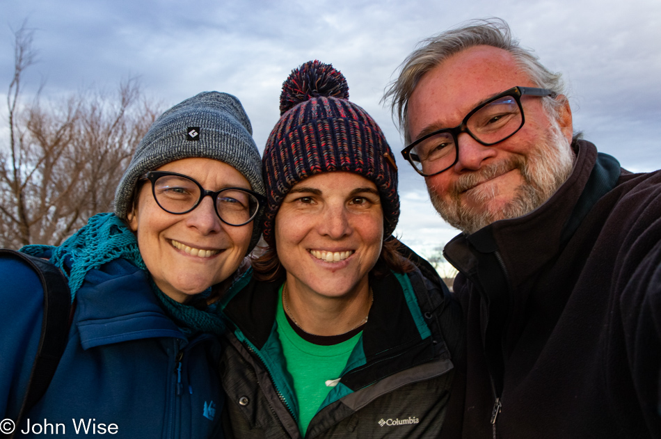 Caroline Wise, Jessica Aldridge, and John Wise at Bosque del Apache near Socorro, New Mexico