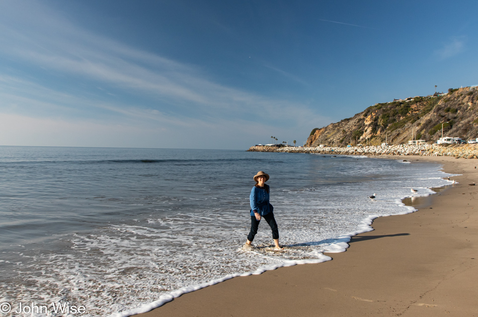 Caroline Wise in the surf in Santa Monica, California