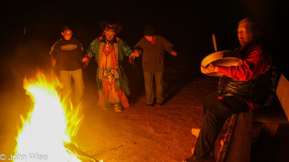 Caroline Wise and Jutta Engelhardt with a Fire Dancer at Monument Valley, Arizona
