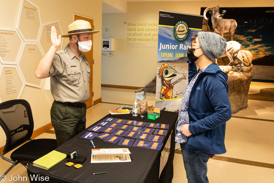 Caroline Wise becoming a Jr. Ranger at Death Valley National Park, California