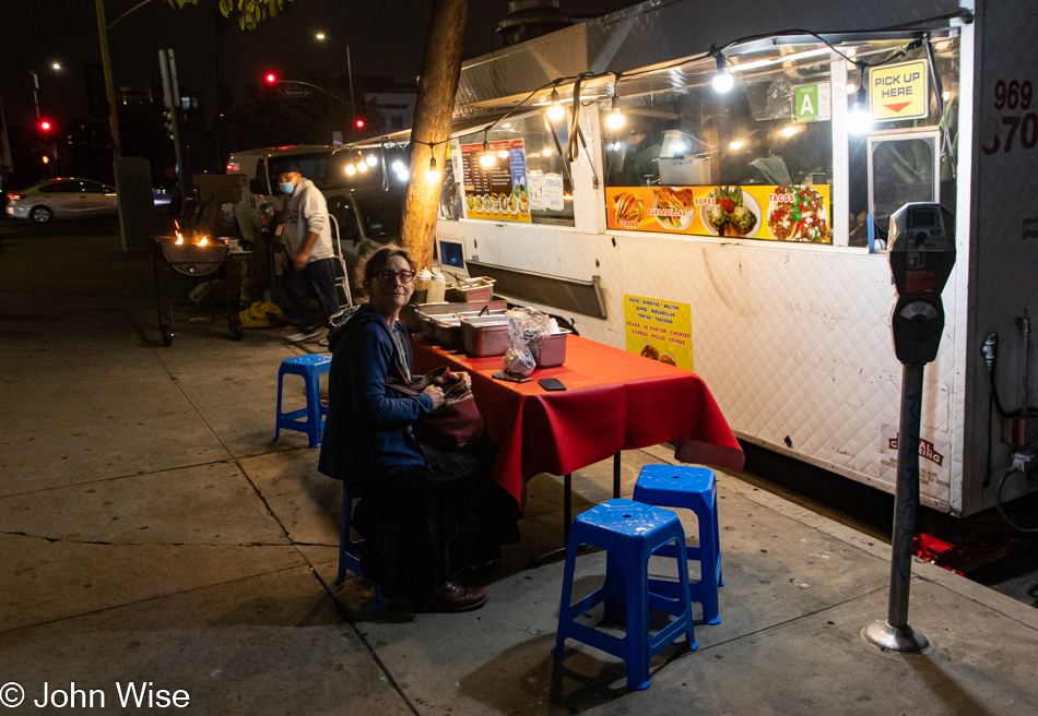 Caroline Wise at a taco stand in Koreatown Los Angeles, California