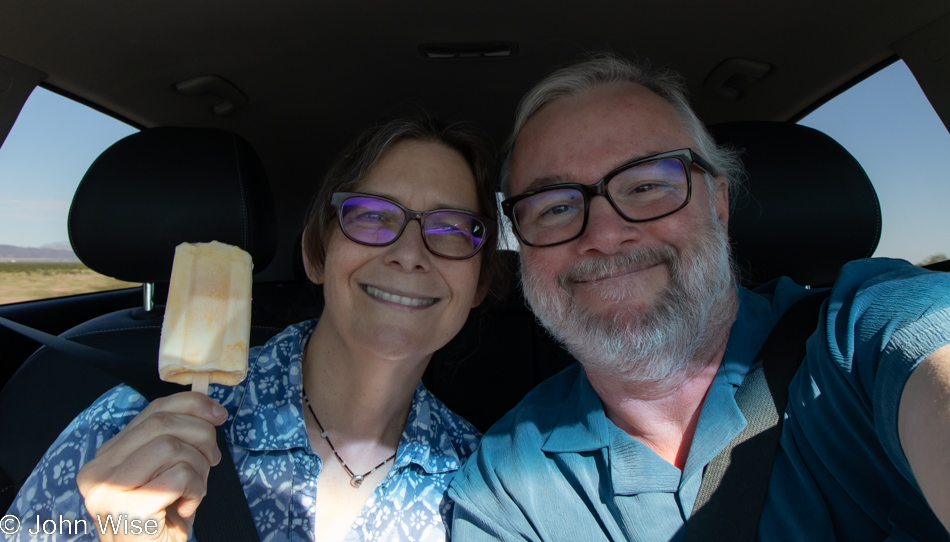 Caroline Wise and John Wise on Interstate 10 east of Quartzsite, Arizona