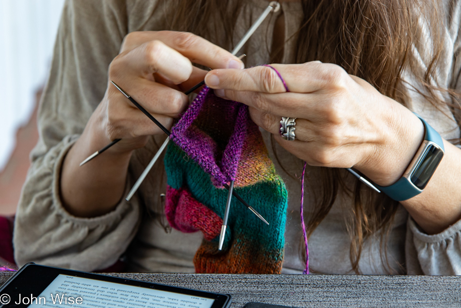 Caroline Wise knitting in Cambria, California