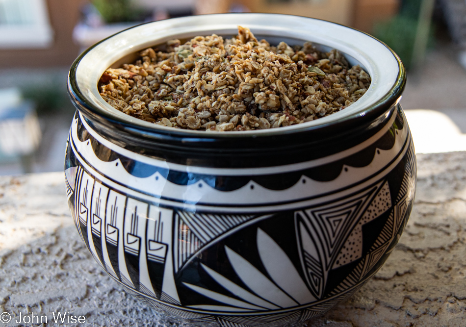 Homemade dehydrated granola in Ute pottery