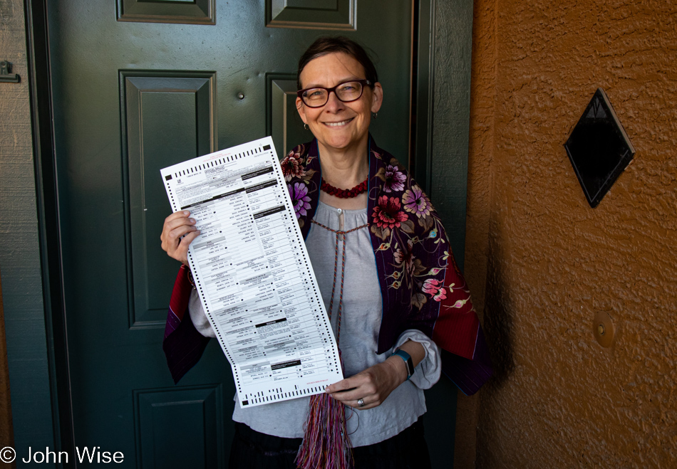 Caroline Wise with her official voting ballot in Phoenix, Arizona