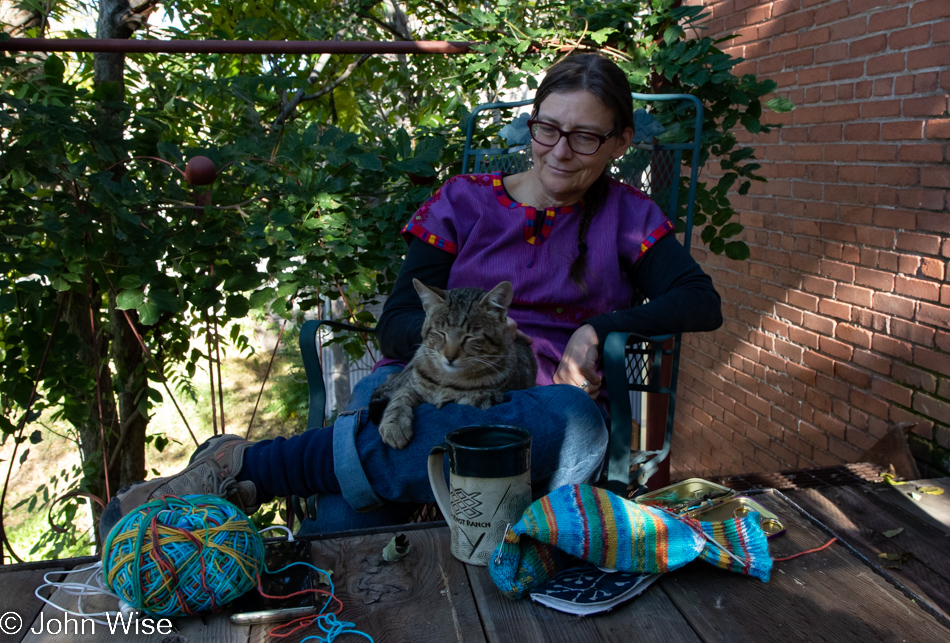 Caroline Wise with cat at Simpson Hotel in Duncan, Arizona