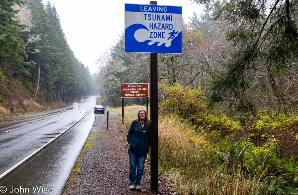 Caroline Wise leaving the Tsunami Hazard Zone north of Reedsport, Oregon