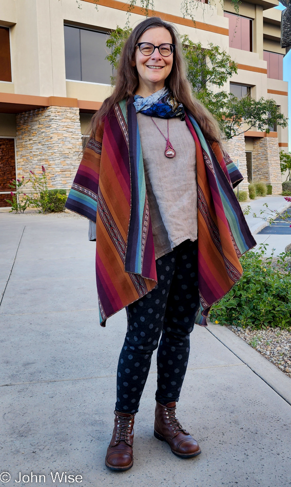 Caroline Wise wearing her ruana in Phoenix, Arizona