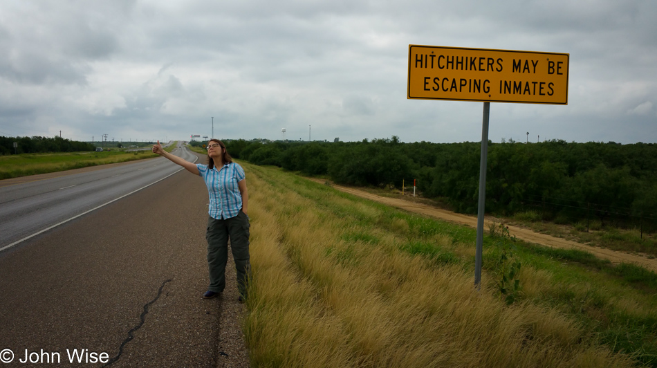 Caroline Wise hitchhiking on Highway 83 out of Laredo, Texas