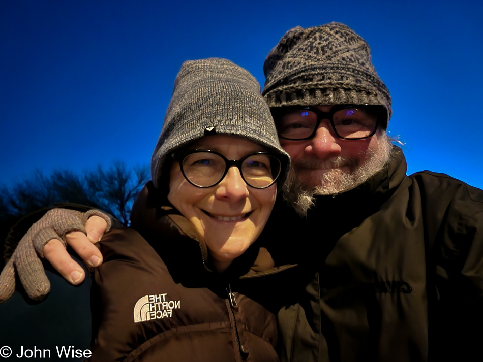 Caroline Wise and John Wise in Phoenix, Arizona on a cold day