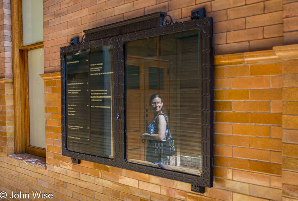 Caroline Wise at the Bradbury Building in Los Angeles, California