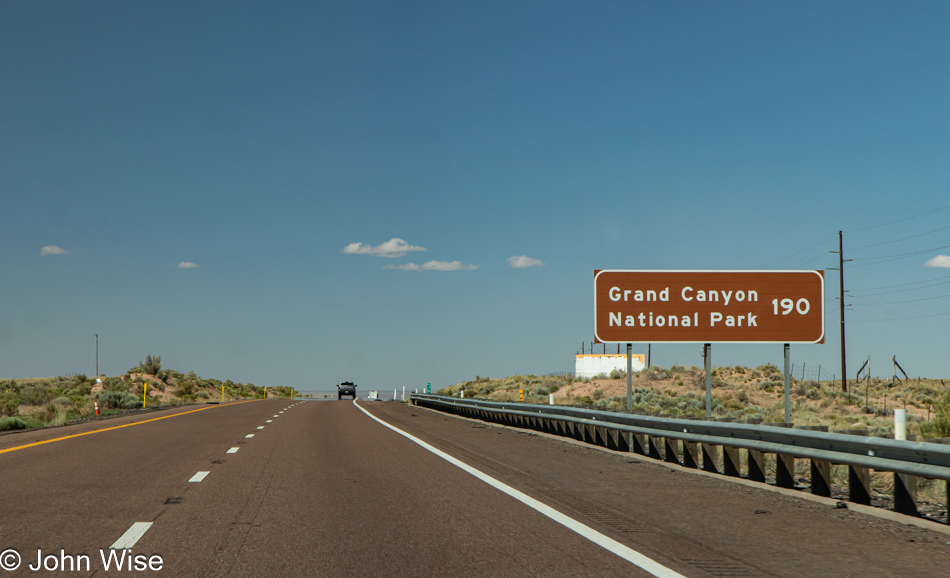 Grand Canyon ahead on Interstate 40 in Arizona