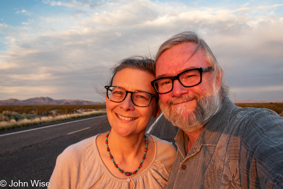 Caroline Wise and John Wise during sunset on Highway 70 in Eastern Arizona