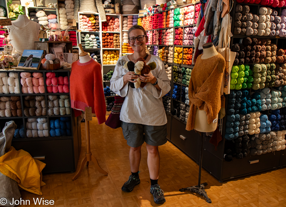 Caroline Wise at Fru Kvist Yarn in Oslo, Norway