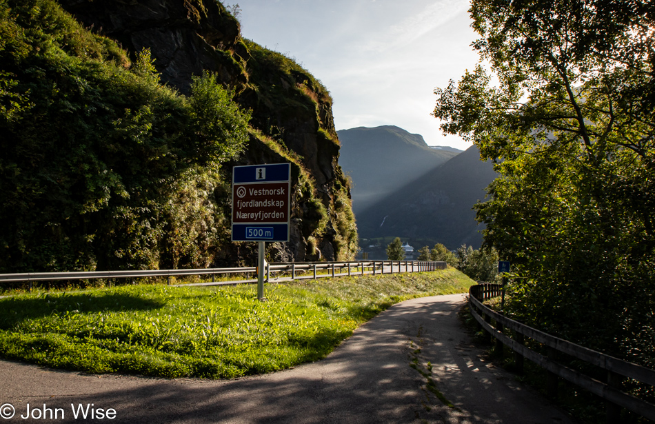 Walking next to Aurlandsfjord in Aurland, Norway