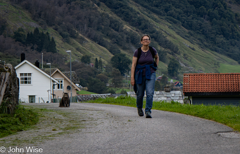 Caroline Wise leaving the village of Bakka on the Nærøyfjord in Norway