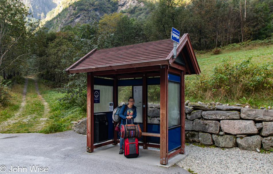 Caroline Wise at the bus stop in Gudvangen, Norway